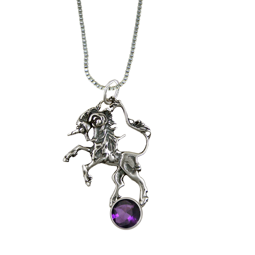Sterling Silver Dancing Unicorn Pendant With Amethyst